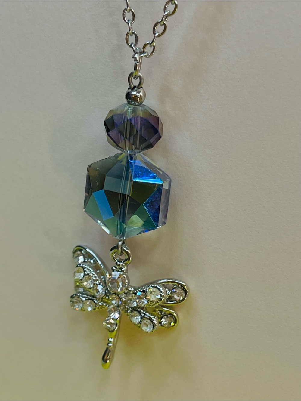 Silver Dragonfly Pendant Necklace in Iridescent Blue - Picture 4 of 5